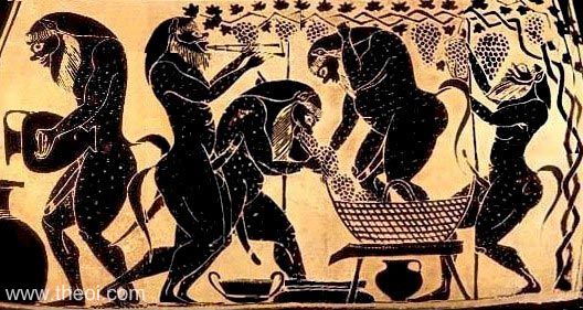 Winemaking Silens | Attic black figure vase painting