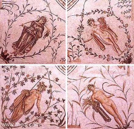 Horae of the four seasons | Greco-Roman mosaic from Chebba C2nd A.D. | Bardo Museum, Tunis